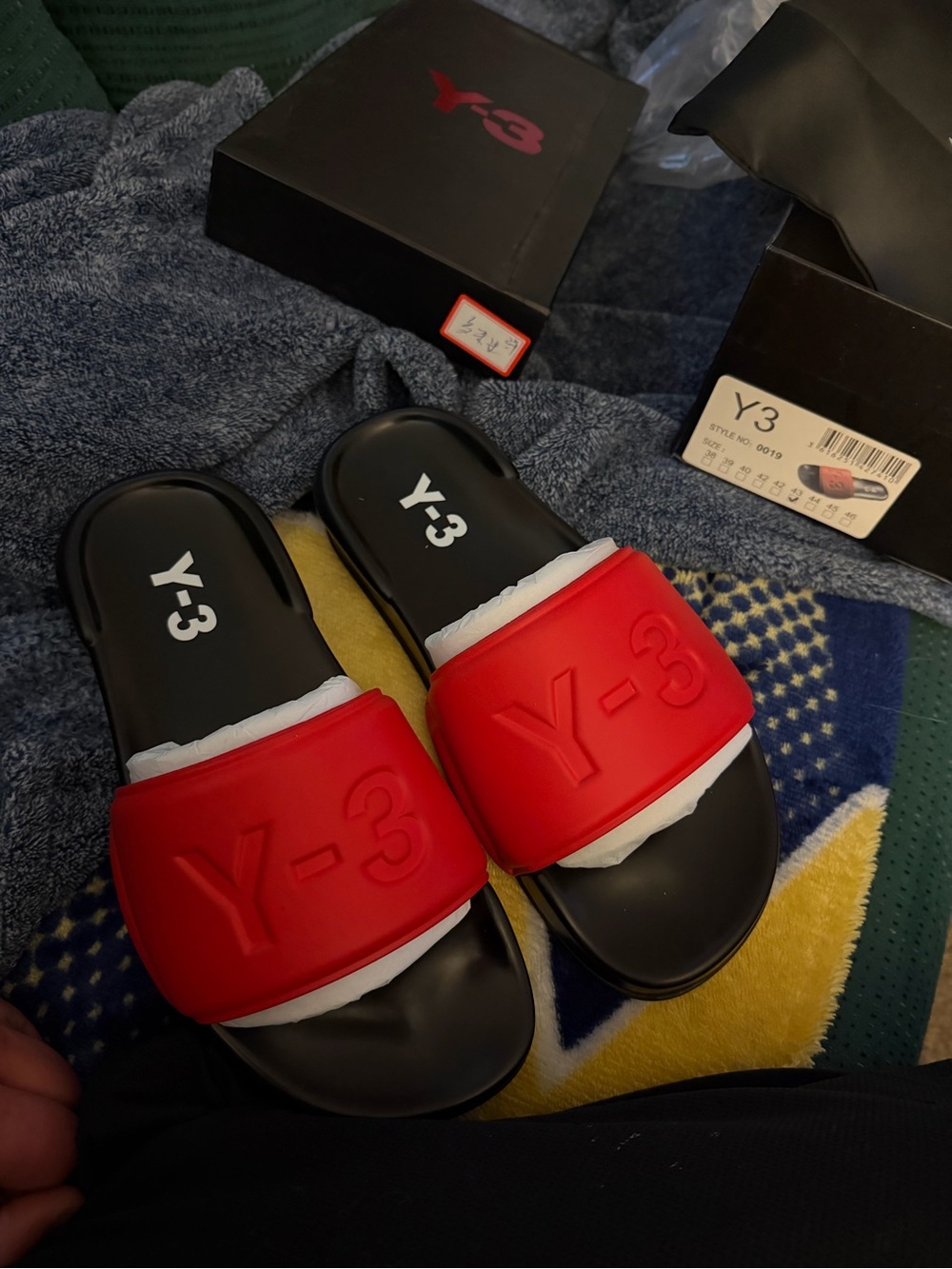 Y-3 Red and Black Embossed Slide Sandals